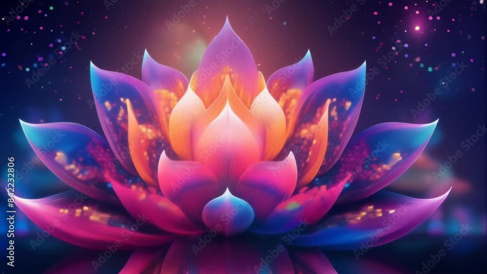 A luminous lotus flower depicted in digital art with a striking neon glow. The petals are translucent with vibrant hues of pink, blue, and purple, radiating from a bright center. A luminous lotus flower depicted in digital art with a striking neon glow. The petals are translucent with vibrant hues of pink, blue, and purple, radiating from a bright center.