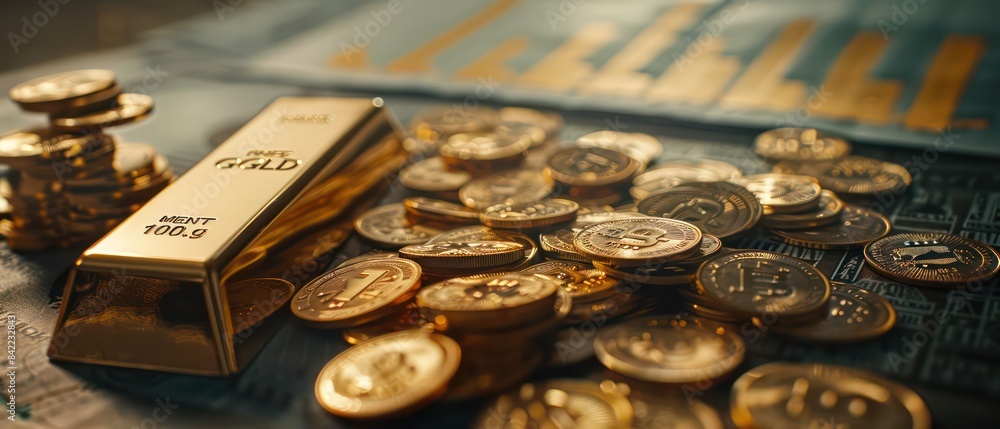 gold bars and coins on financial charts with stock market data gold bars and coins on financial charts with stock market data