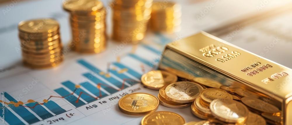gold bars and coins on financial charts with stock market data gold bars and coins on financial charts with stock market data
