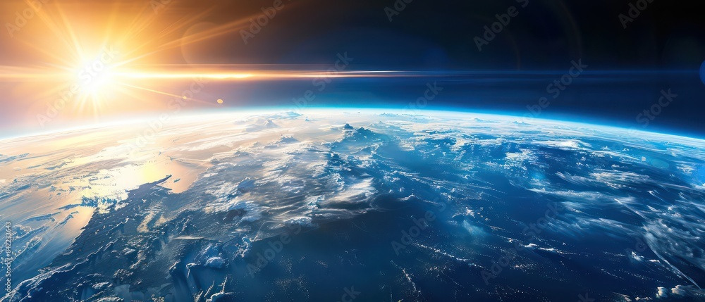 Earth from space, blue sky with sun in upper left corner, atmospheric perspective, dark background Earth from space, blue sky with sun in upper left corner, atmospheric perspective, dark background