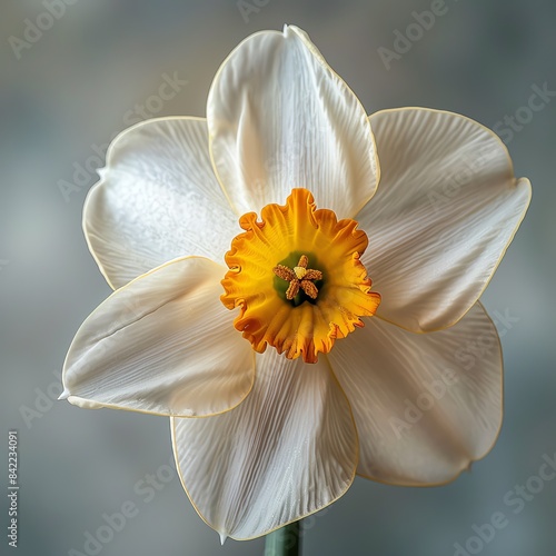 Detailed shot of a daffodil, with focus on the trumpet-shaped corona and petals photo