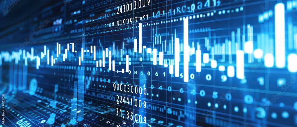 stock market, white numbers and lines showing the stock trends, white bar graph in blue background stock market, white numbers and lines showing the stock trends, white bar graph in blue background