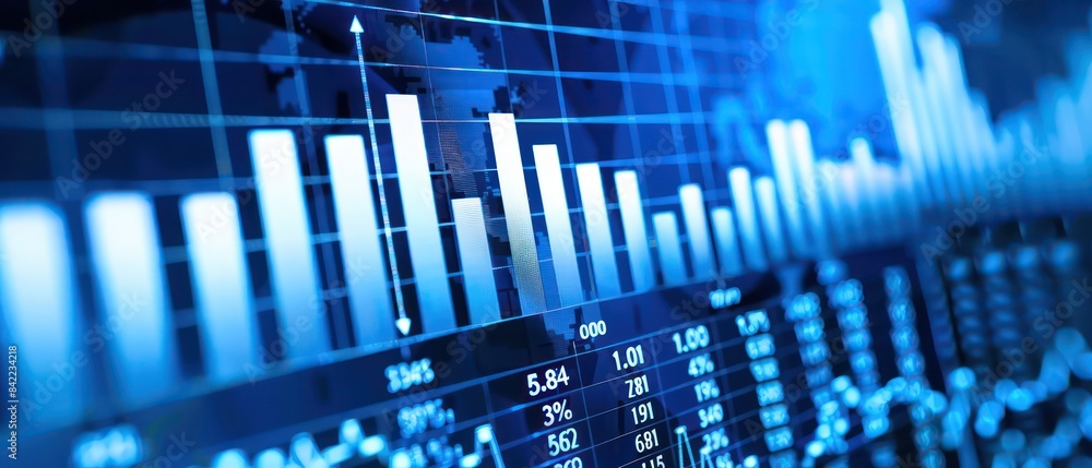stock market, white numbers and lines showing the stock trends, white bar graph in blue background stock market, white numbers and lines showing the stock trends, white bar graph in blue background
