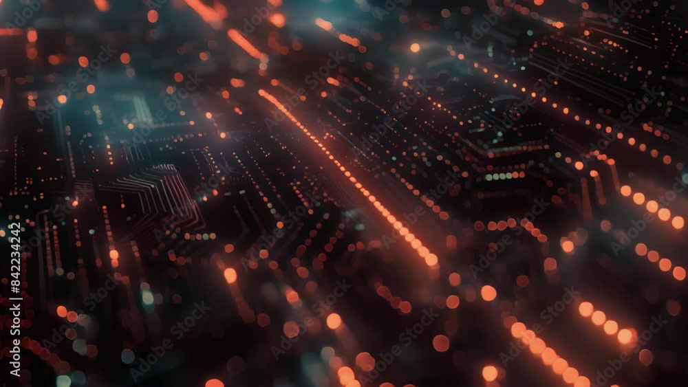 A quantum computers highly advanced circuitry is shown processing information at an unprecedented speed with intricate patterns of light illuminating its inner workings. A quantum computers highly advanced circuitry is shown processing information at an unprecedented speed with intricate patterns of light illuminating its inner workings.