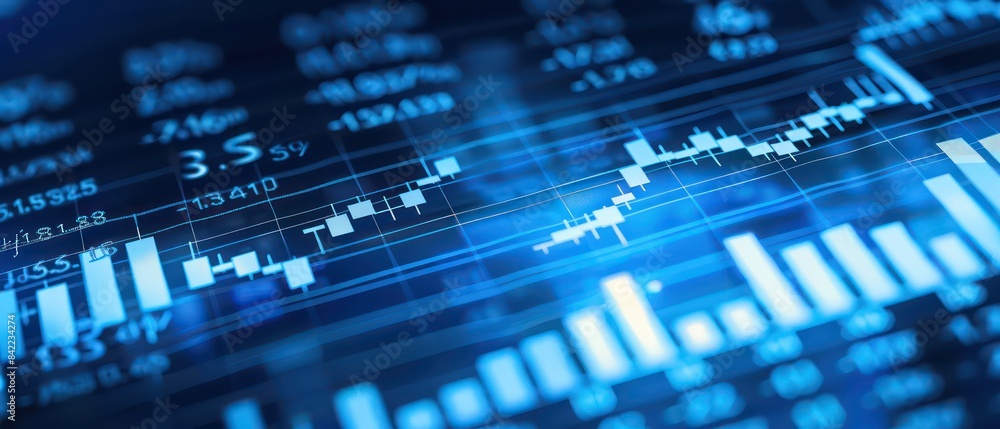 stock market, white numbers and lines showing the stock trends, white bar graph in blue background stock market, white numbers and lines showing the stock trends, white bar graph in blue background