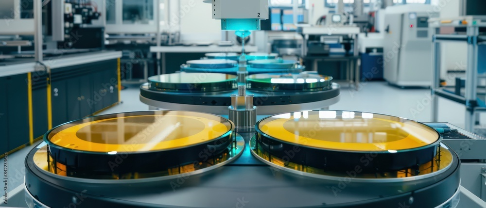 Circular tabletops display the process of fabricating pure glass wafer covers, set against a background of sophisticated machinery and white walls Circular tabletops display the process of fabricating pure glass wafer covers, set against a background of sophisticated machinery and white walls