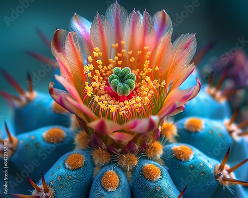 Macro view of a cactus flower, highlighting its vibrant colors and spiky textures photo