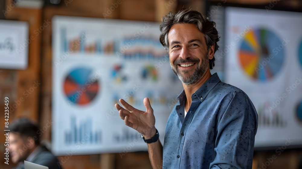 Fototapeta premium Confident businessman presenting data charts during a meeting in a modern office.