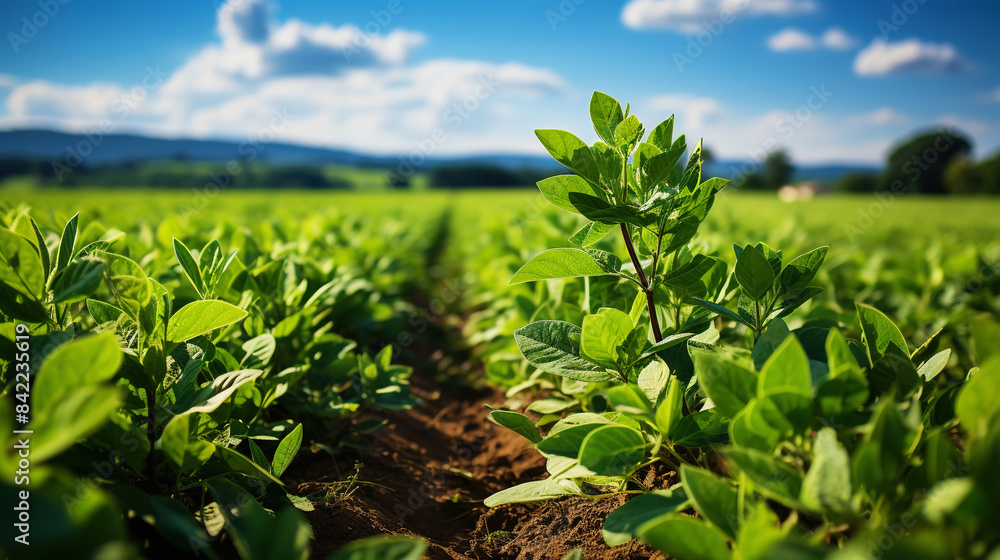 A vivid photo of soybean sprouts. Aesthetic agricultural landscape. Green ripening soybean field. Generative AI A vivid photo of soybean sprouts. Aesthetic agricultural landscape. Green ripening soybean field. Generative AI