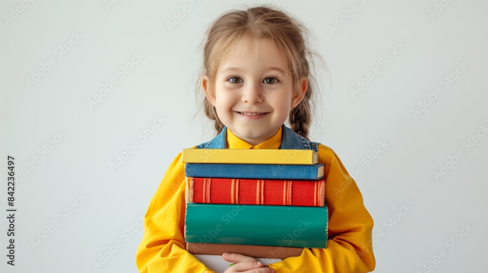 A child holding books on their first day of school, set against a bright white background. The minimalistic and cheerful style captures the excitement and simplicity of the moment.
A child holding books on their first day of school, set against a bright white background. The minimalistic and cheerful style captures the excitement and simplicity of the moment.