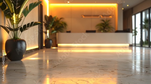 Luxurious hotel lobby with modern design and warm lighting