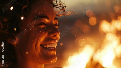 A woman with a big smile on her face stands in front of a string of lights at a fun event. Her eyes are full of happiness as she poses for flash photography AIG50
