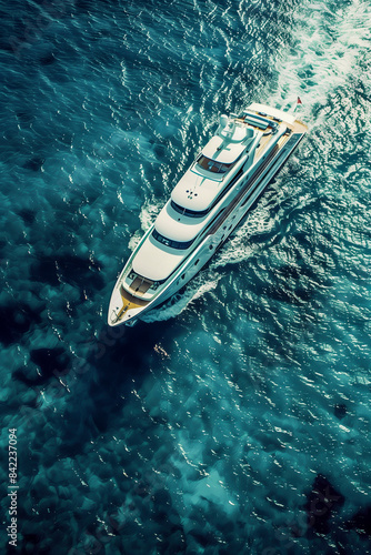 Birds eye view of a luxury super yacht on beautiful blue ocean waters. 