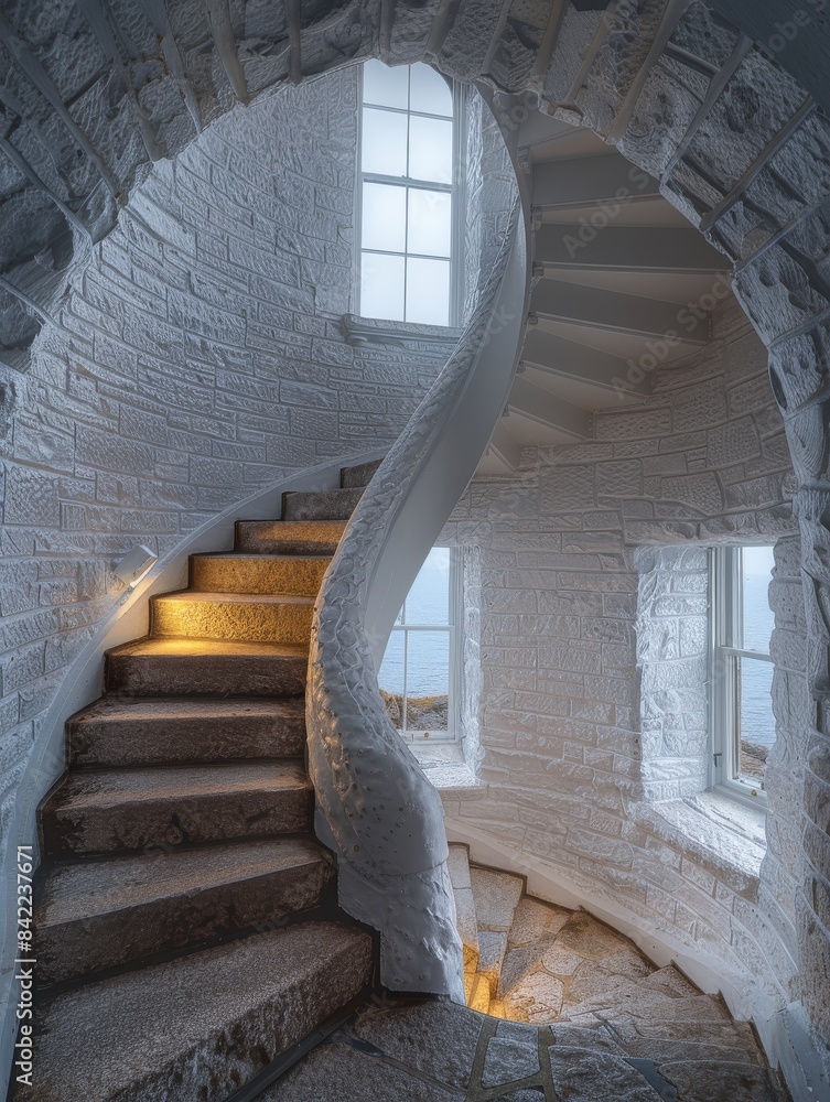 Obraz premium A spiraling staircase in a tall stone tower like in a lighthouse.