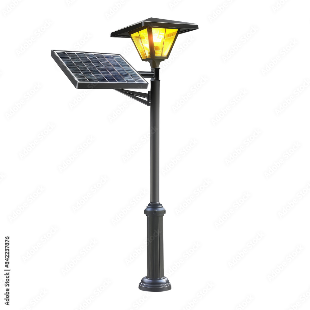 Solar-powered street lamp with a sleek design and illuminated light, ideal for eco-friendly outdoor lighting solutions. Isolated on transparent background Solar-powered street lamp with a sleek design and illuminated light, ideal for eco-friendly outdoor lighting solutions. Isolated on transparent background
