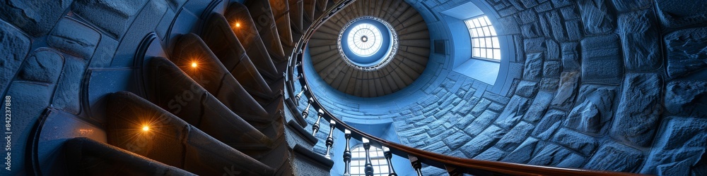 Fototapeta premium A spiraling staircase in a tall stone tower like in a lighthouse. 