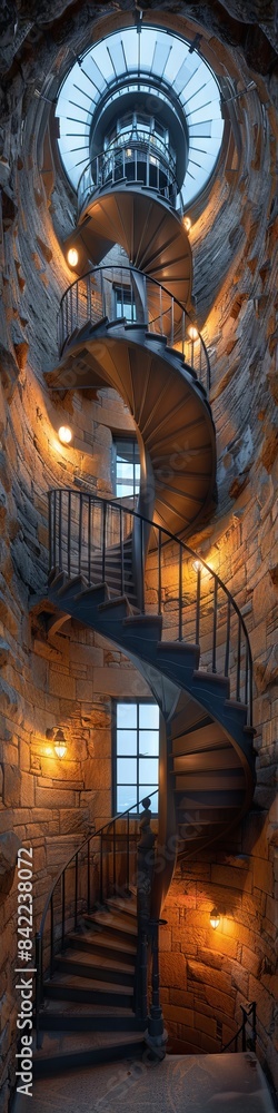 Fototapeta premium A spiraling staircase in a tall stone tower like in a lighthouse. 