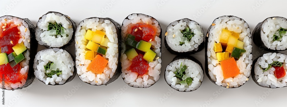 Minimalistic sushi-making setup with ingredients and tools neatly arranged on a bright white background. The clean style highlights the essentials and freshness.
Minimalistic sushi-making setup with ingredients and tools neatly arranged on a bright white background. The clean style highlights the essentials and freshness.
