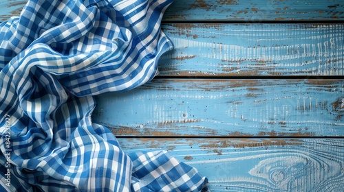 Blue and white checkered tablecloth on rustic blue wooden background.