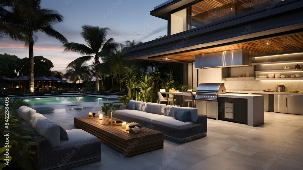 Fototapeta premium Entertainer's paradise featuring a sleek outdoor kitchen, a built-in BBQ grill,