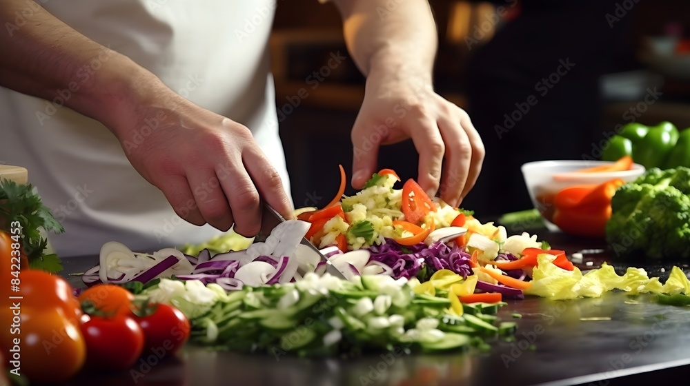 Fresh vegetables being expertly chopped on a sleek countertop Fresh vegetables being expertly chopped on a sleek countertop