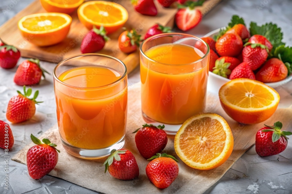 Glasses of orange and strawberry juice with pieces of fruit placed on geometric shapes Glasses of orange and strawberry juice with pieces of fruit placed on geometric shapes