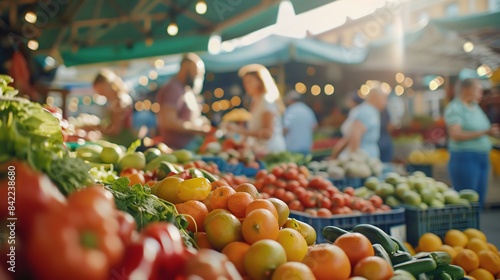 Fresh produce at a bustling farmers market, with people shopping in the background.