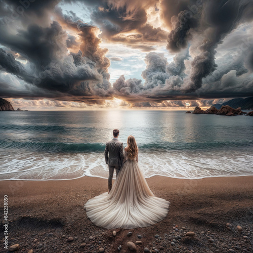 a man and woman on a beach with storm clouds in the background