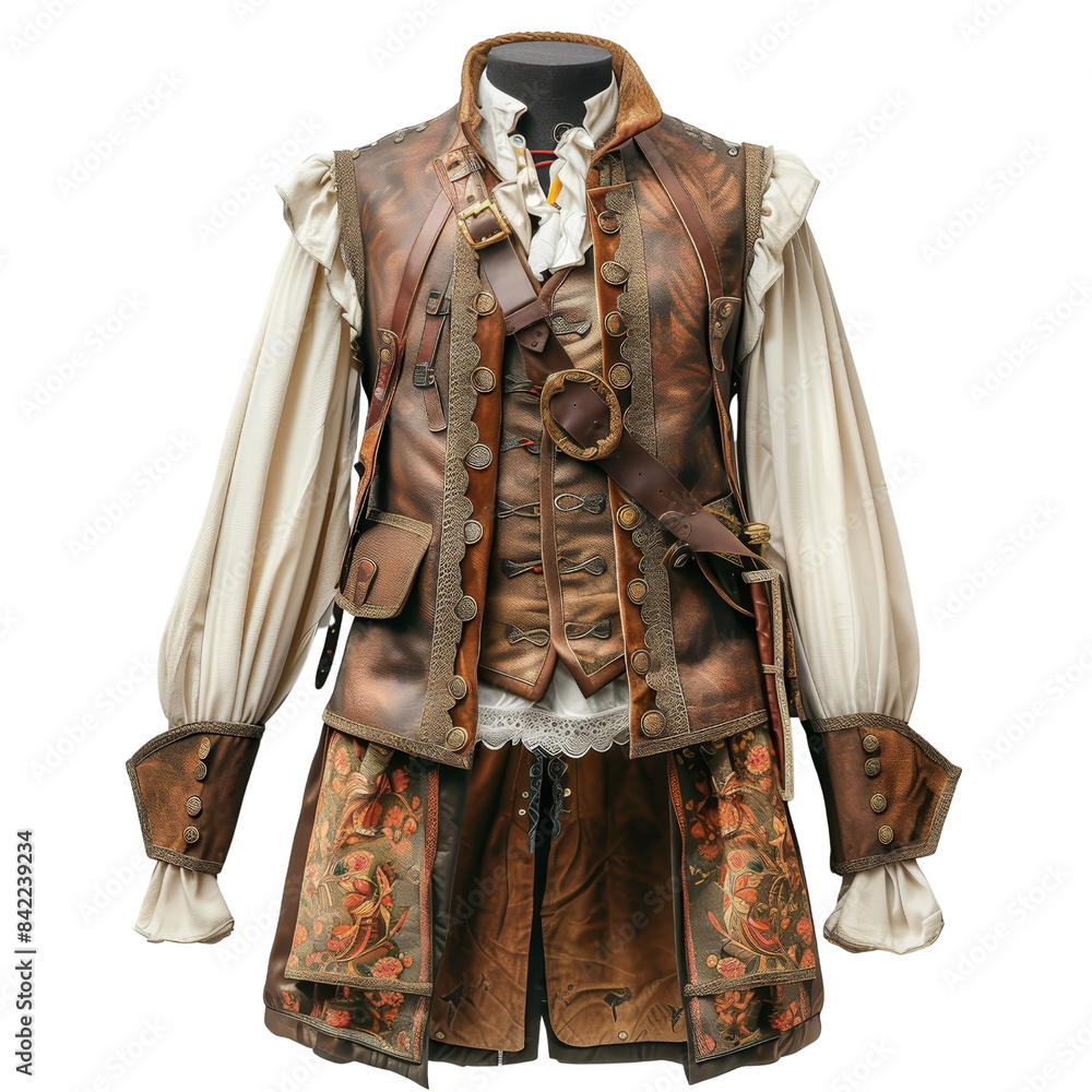 Obraz premium Vintage Renaissance costume with detailed embroidery, a unique blend of historical and artistic craftsmanship perfect for theatrical and historical themes. Isolated on transparent background