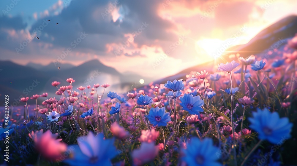 A beautiful hillside with pink and blue wildflowers at sunset. A beautiful hillside with pink and blue wildflowers at sunset.