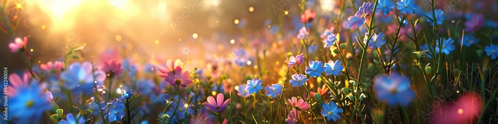 Fototapeta premium A beautiful hillside with pink and blue wildflowers at sunset. 