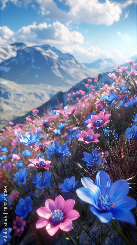 Fototapeta premium A beautiful hillside with pink and blue wildflowers at sunset. 