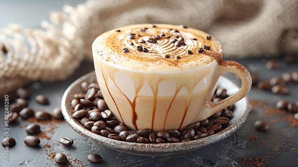 frothy cappuccino with latte art and scattered coffee beans all cut out on an isolated simple minimalist background frothy cappuccino with latte art and scattered coffee beans all cut out on an isolated simple minimalist background
