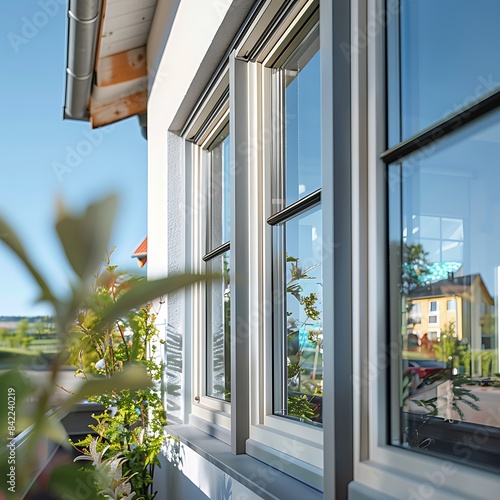 A detailed view of a suburban house's window designs, emphasizing energy efficiency and modern aesthetic with minimalist frames.