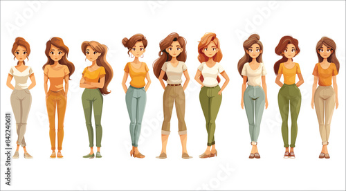 Set of business woman character in various actions, Group of people standing in a row, Casual business woman character in different poses, Character of young woman 