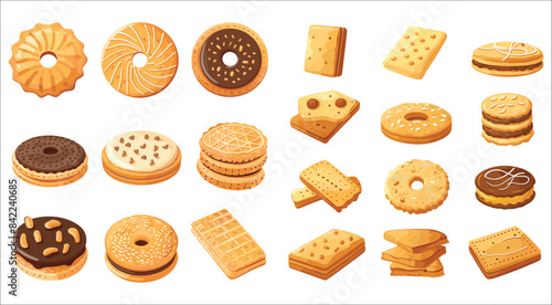 Cookies isolated on white background, Chocolate chip cookies, Various cookies set, Set of butter cookies vector, Set of different cookies, Set of milk cookies, Food, Snack, Cookies, Biscuit, Sweet