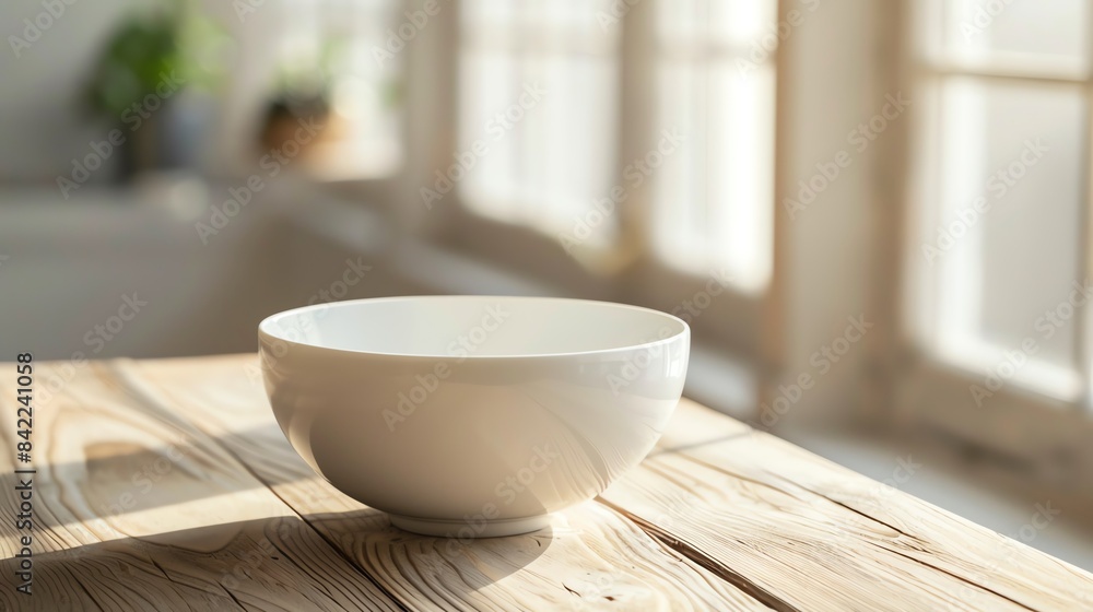 White ceramic bowl on wooden table in bright sunlit room. White ceramic bowl on wooden table in bright sunlit room.