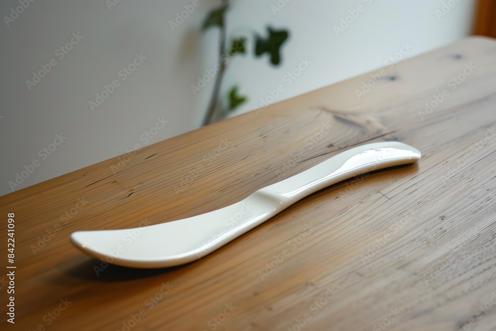 White ceramic butter knife with a curved handle. White ceramic butter knife with a curved handle.