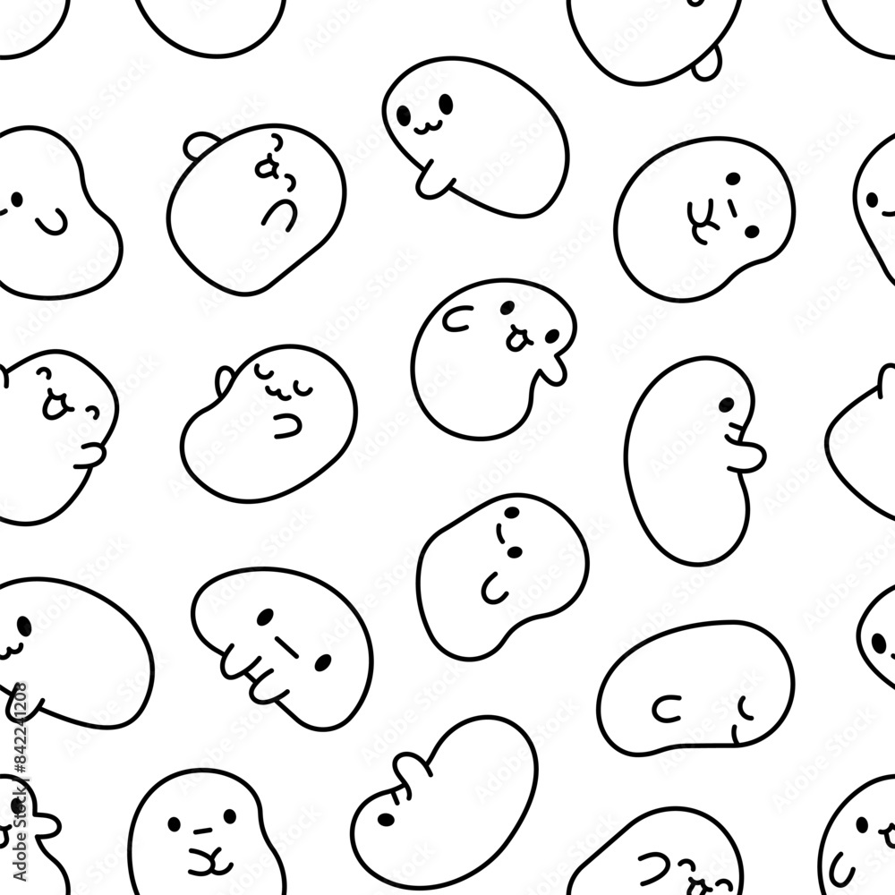 Fototapeta premium Cute kawaii tapioca pearls. Seamless pattern. Coloring Page. Cartoon funny characters. Hand drawn style. Vector drawing. Design ornaments.