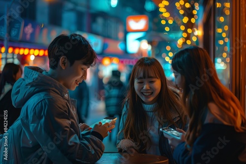 Group of asian friends having fun in the street at night.