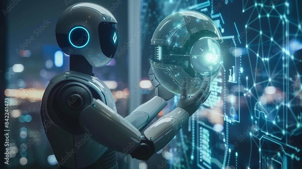 Ai tech businessman show virtual graphic Global Internet connect robot Chat with AI Ai tech businessman show virtual graphic Global Internet connect robot Chat with AI