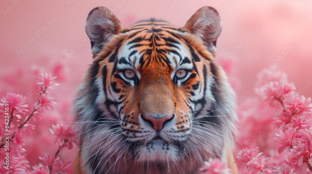Naklejka premium A portrait of a tiger closeup on pastel pink background .