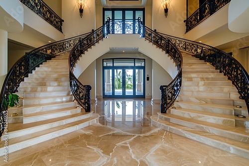 A grand entrance foyer in a modern luxury home featuring a double staircase made of marble, with an elaborate wrought iron railing photo