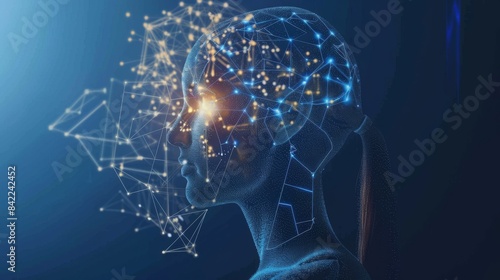 Abstract digital representation of a human head with glowing connections, symbolizing artificial intelligence or network connection. photo