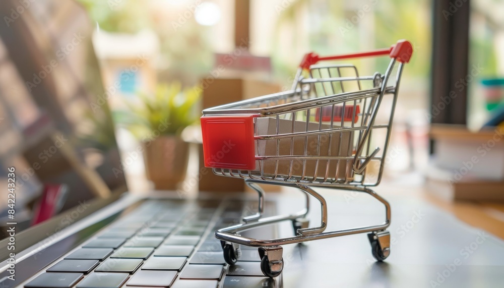 A miniature shopping cart sits on a laptop keyboard, representing online shopping and e-commerce. A miniature shopping cart sits on a laptop keyboard, representing online shopping and e-commerce.