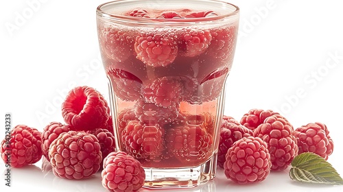 glass of tangy raspberry juice with fresh raspberries cut out on an isolated simple minimalist background