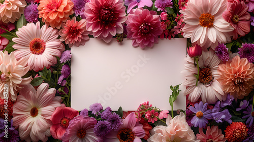 White card surrounded by pink and purple flowers in creative arts arrangement