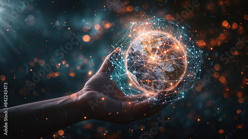 Wallpaper Mural Hand holding flying earth network global connection concept, abstract background of digital technology Torontodigital.ca