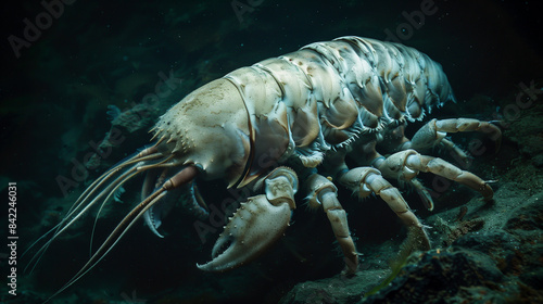 Giant Isopod swimming in the depths of the sea, low natural lighting highlights the large body and details of the Isopod's exoskeleton, Ai generated Images