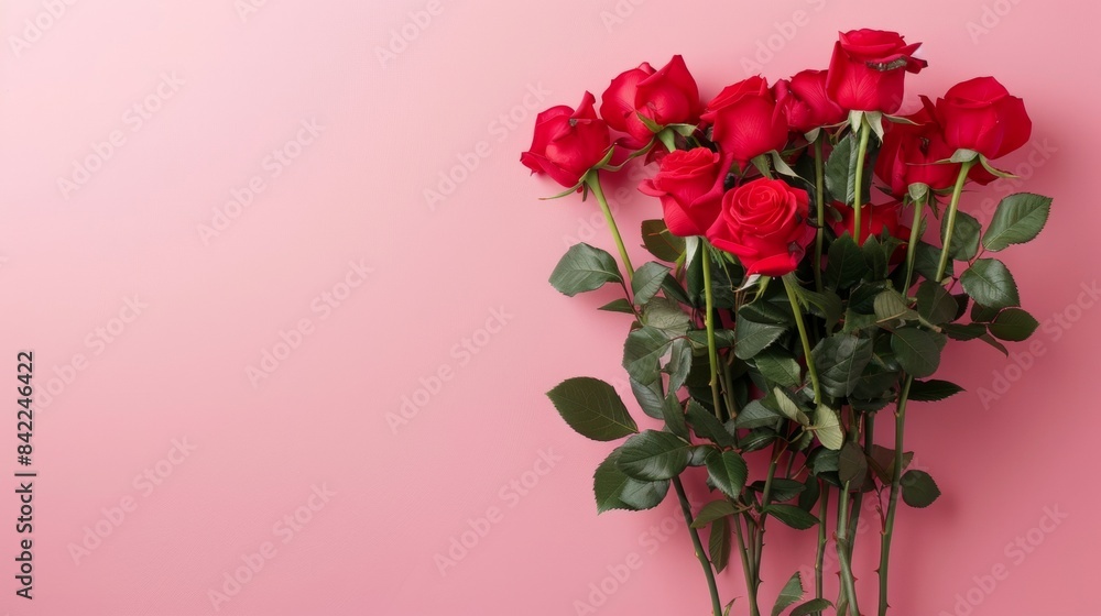 Obraz premium Red roses on pink background with copy space for text